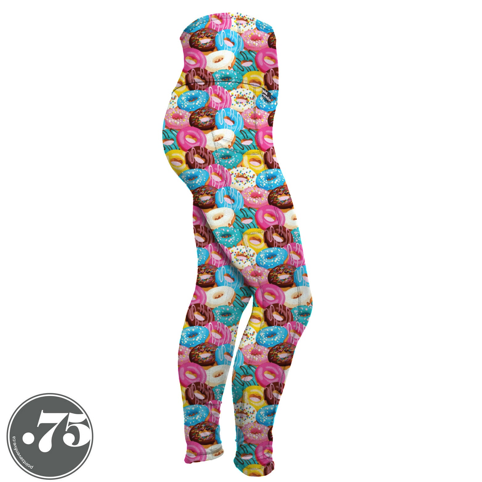 High-waisted, spandex Full Length pocket leggings. The fabric is illustrated donuts with icing in pastel shades of blue, aqua, pink, yellow, white and brown.