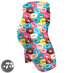 Load image into Gallery viewer, High-waisted, spandex Skate (bike short) Length pocket shorts. The fabric is illustrated donuts with icing in pastel shades of blue, aqua, pink, yellow, white and brown.
