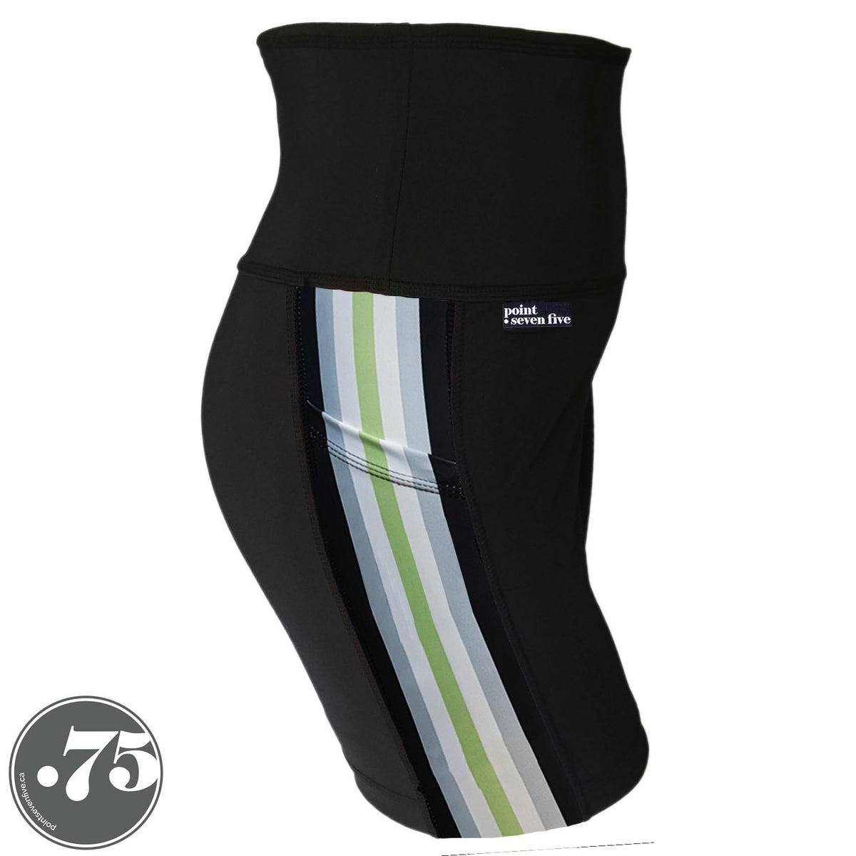 A pair of black spandex lift length shorts on a mannequin, the leggings have a 3.5” wide stripe down the side that has a printed fabric with vertical stripes in the colours of the Agender Pride Flag Black, Grey, White, Light Green, White Grey & Black.