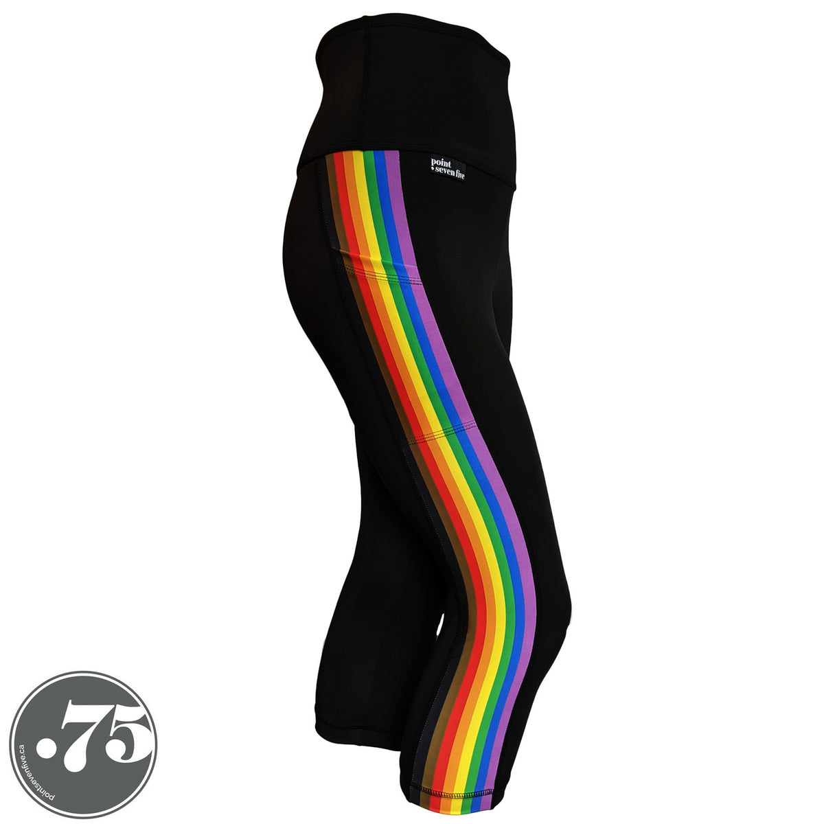 A pair of black spandex capri leggings on a mannequin, the leggings have a 3.5” wide stripe down the side that has a printed fabric with the stripes of the Philadelphia Pride Flag vertically, the stripes are black, brown, red, orange, yellow, green, blue & purple.