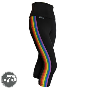 A pair of black spandex capri leggings on a mannequin, the leggings have a 3.5” wide stripe down the side that has a printed fabric with the stripes of the Philadelphia Pride Flag vertically, the stripes are black, brown, red, orange, yellow, green, blue & purple. 