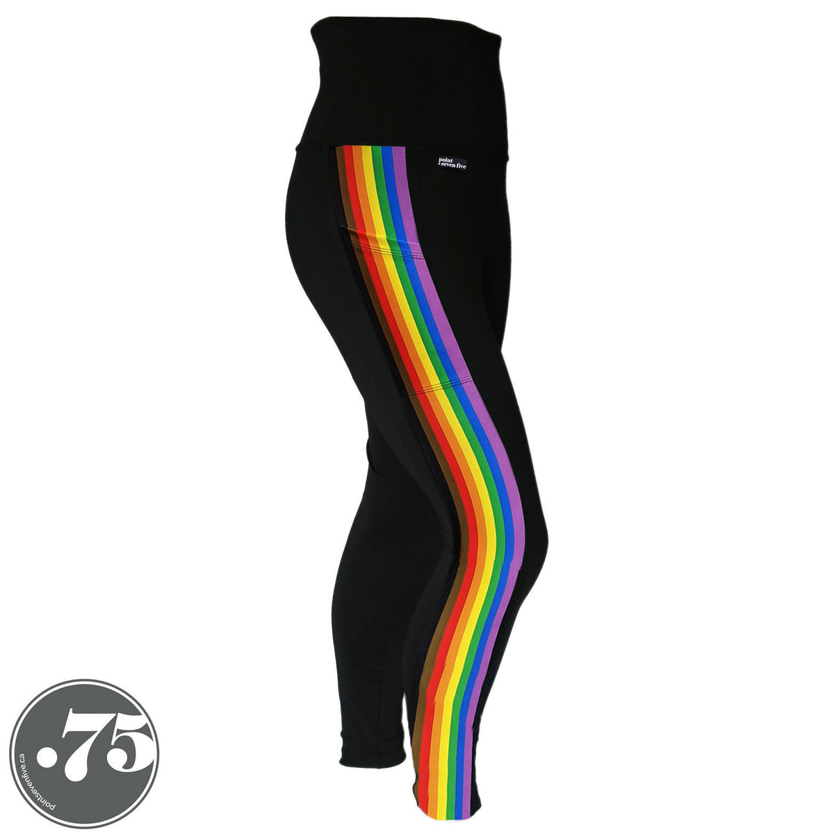 A pair of black spandex leggings on a mannequin, the leggings have a 3.5” wide stripe down the side that has a printed fabric with the stripes of the Philadelphia Pride Flag vertically, the stripes are black, brown, red, orange, yellow, green, blue & purple.