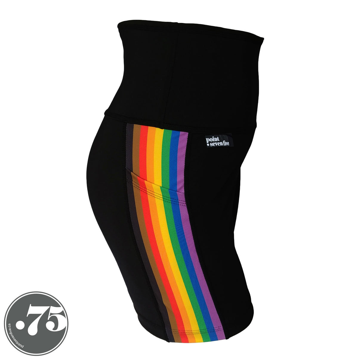 A pair of black spandex Lift length shorts on a mannequin, the leggings have a 3.5” wide stripe down the side that has a printed fabric with the stripes of the Philadelphia Pride Flag vertically, the stripes are black, brown, red, orange, yellow, green, blue & purple.
