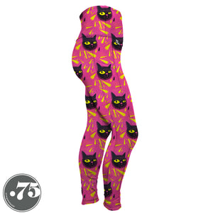 High-waisted, spandex Full Length pocket leggings. The fabric has a bright pink background with yellow triangle shapes and large hand drawn cat heads with yellow eyes.