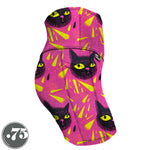 Load image into Gallery viewer, High-waisted, spandex Lift Length (short inseam) pocket shorts. The fabric has a bright pink background with yellow triangle shapes and large hand drawn cat heads with yellow eyes.
