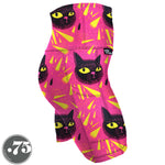 Load image into Gallery viewer, High-waisted, spandex Skate Length (bike short) pocket shorts. The fabric has a bright pink background with yellow triangle shapes and large hand drawn cat heads with yellow eyes.
