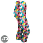 Load image into Gallery viewer, High-waisted, spandex Capri Length pocket leggings. The fabric is illustrated donuts with icing in pastel shades of blue, aqua, pink, yellow, white and brown.
