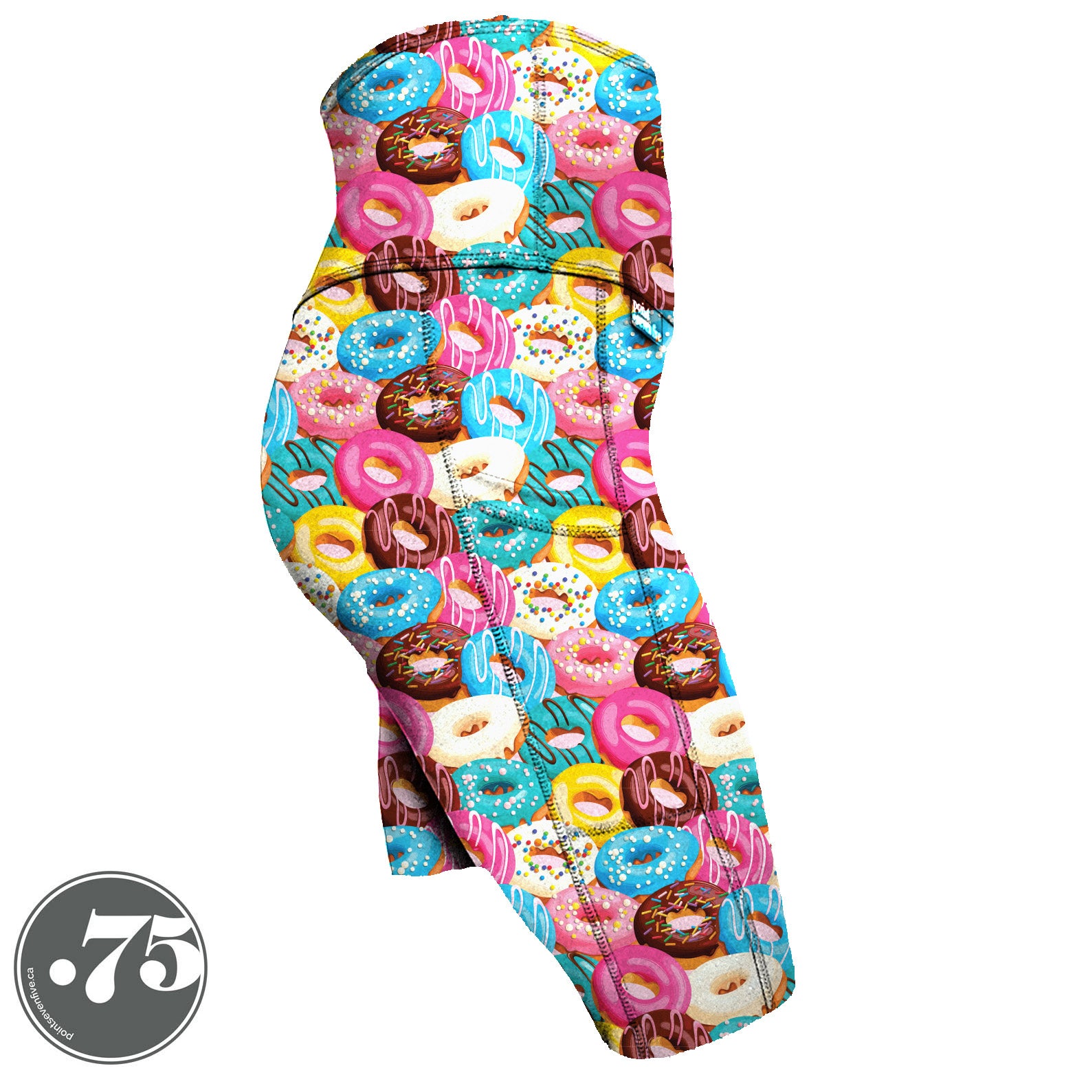 High-waisted, spandex Knee Length pocket shorts. The fabric is illustrated donuts with icing in pastel shades of blue, aqua, pink, yellow, white and brown.