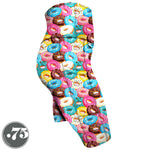 Load image into Gallery viewer, High-waisted, spandex Knee Length pocket shorts. The fabric is illustrated donuts with icing in pastel shades of blue, aqua, pink, yellow, white and brown.
