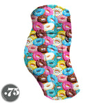 Load image into Gallery viewer, High-waisted, spandex Lift (short inseam) Length pocket shorts. The fabric is illustrated donuts with icing in pastel shades of blue, aqua, pink, yellow, white and brown.
