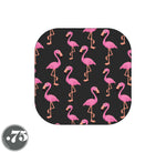 Load image into Gallery viewer, A closeup of the flamingo print fabric with a charcoal grey background with scattered cartoon pink flamingos on it.
