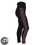 Load image into Gallery viewer, A pair of black spandex leggings against a white background. The leggings are full length and have a panel on the side with a pocket, the panel has fabric with a charcoal grey background with scattered cartoon pink flamingos on it.
