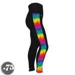 Load image into Gallery viewer, A pair of black spandex leggings against a white background. The leggings are full length and have a panel on the side with a pocket, the panel has rows of dripping paint in different colours, red, pink, purple, blue, green, yellow and orange. 
