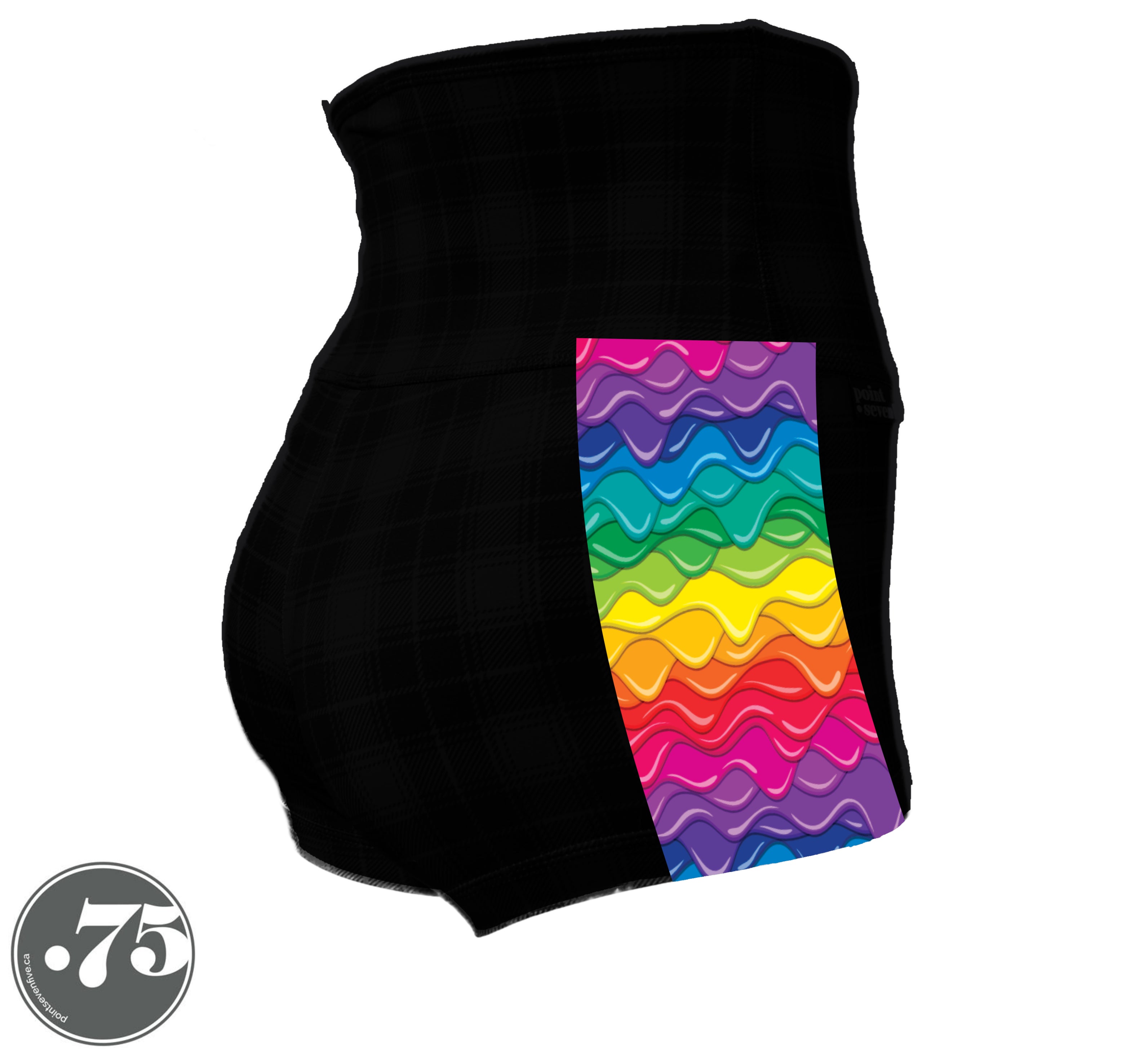 A pair of black spandex shorts against a white background. The shorts are a short length with approx 2” inseam and have a panel on the side with a pocket, the panel has rows of dripping paint in different colours, red, pink, purple, blue, green, yellow and orange.