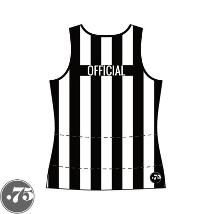 The back of a black and white striped fullback tank jersey. There is a black rectangle across the back that reads OFFICIAL in a white font.  