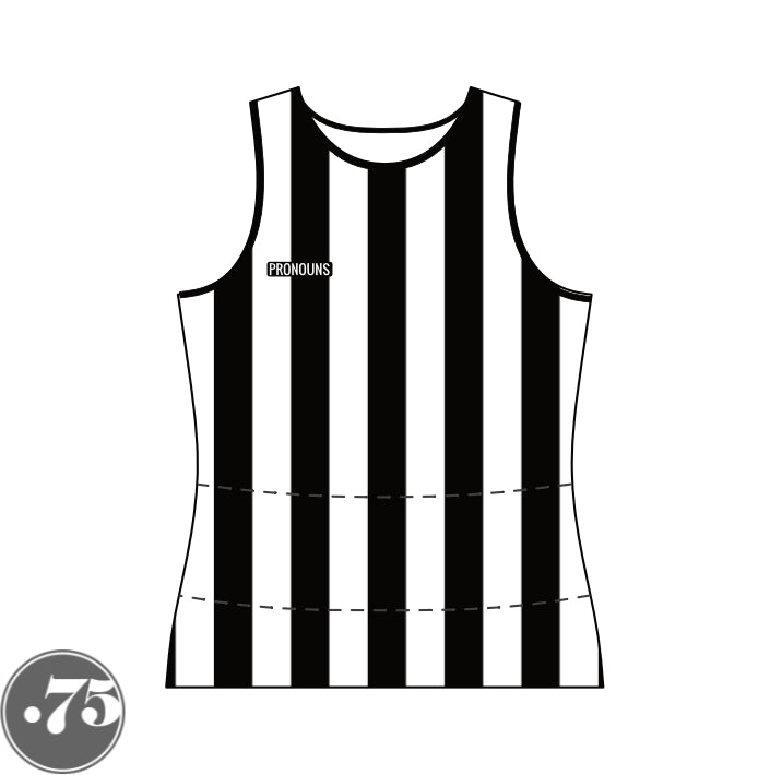 The front of a black and white striped high scoop neck tank jersey. There is a black rectangle crest on the right chest that says PRONOUNS in a white font.