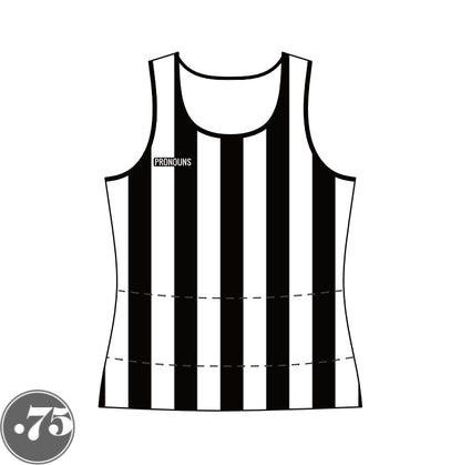 The front of a black and white striped low scoop neck tank jersey. There is a black rectangle crest on the right chest that says PRONOUNS in a white font. 