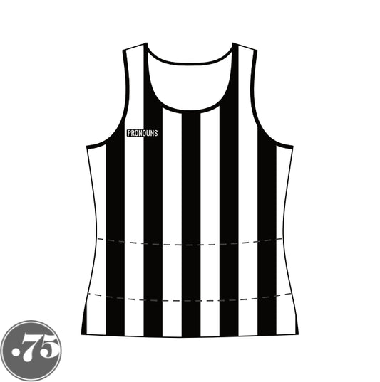 The front of a black and white striped low scoop neck tank jersey. There is a black rectangle crest on the right chest that says PRONOUNS in a white font. 