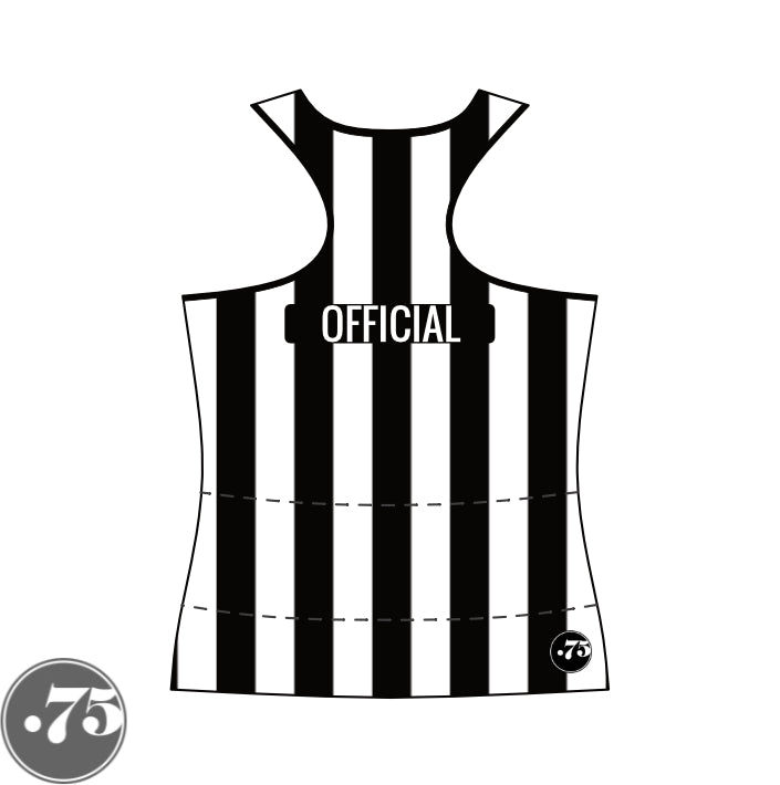 The back of a black and white striped racerback tank jersey. There is a black rectangle across the back that reads OFFICIAL in a white font.