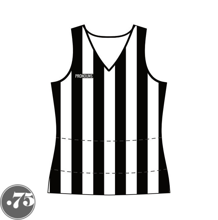 The front of a black and white striped V-Neck tank jersey. There is a black rectangle crest on the right chest that says PRONOUNS in a white font. 