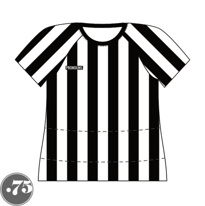 The front of a black and white striped crew neck raglan t-shirt jersey. There is a black rectangle crest on the right chest that says PRONOUNS in a white font. 