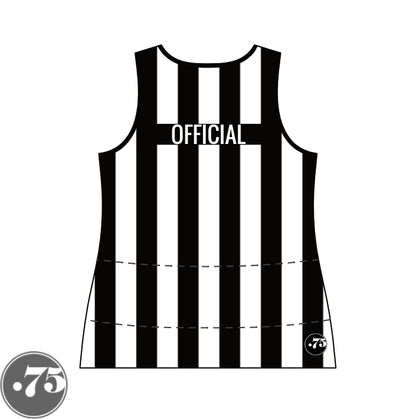 The back of a black and white striped fullback tank jersey. There is a black rectangle across the back that reads OFFICIAL in a white font.  