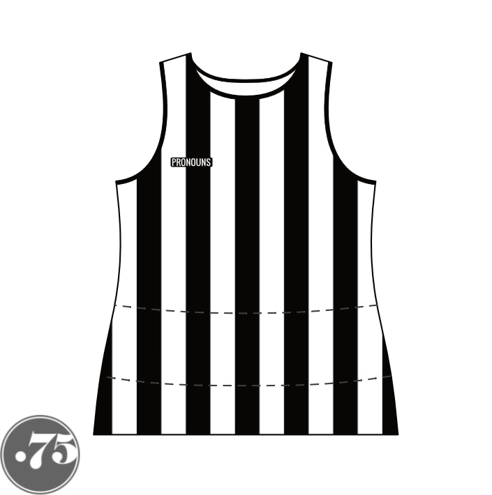 The front of a black and white striped high scoop neck tank jersey. There is a black rectangle crest on the right chest that says PRONOUNS in a white font.