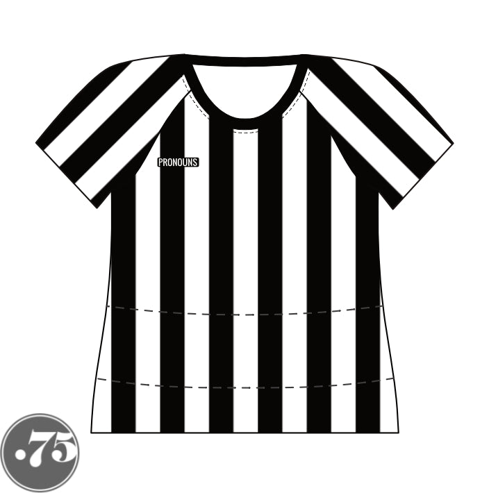 The front of a black and white striped high scoop neck raglan t-shirt jersey. There is a black rectangle crest on the right chest that says PRONOUNS in a white font. 