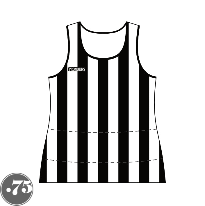 The front of a black and white striped low scoop neck tank jersey. There is a black rectangle crest on the right chest that says PRONOUNS in a white font. 