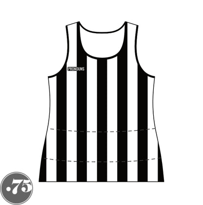 The front of a black and white striped low scoop neck tank jersey. There is a black rectangle crest on the right chest that says PRONOUNS in a white font. 