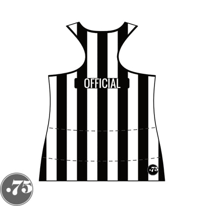 The back of a black and white striped racerback tank jersey. There is a black rectangle across the back that reads OFFICIAL in a white font.