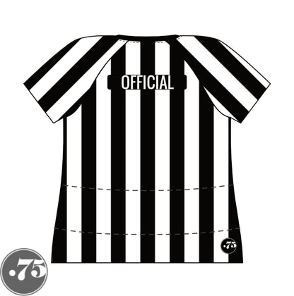 The back of a black and white striped raglan t-shirt jersey. There is a black rectangle across the back that reads OFFICIAL in a white font.  