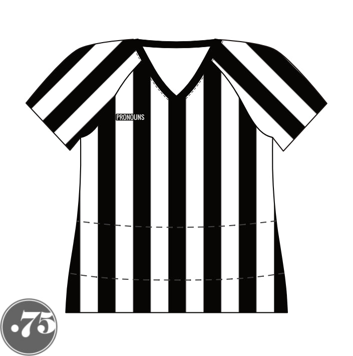 The front of a black and white striped v-neck raglan t-shirt jersey. There is a black rectangle crest on the right chest that says PRONOUNS in a white font. 