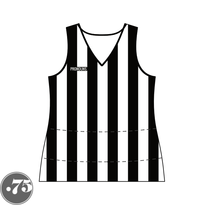 The front of a black and white striped V-Neck tank jersey. There is a black rectangle crest on the right chest that says PRONOUNS in a white font. 