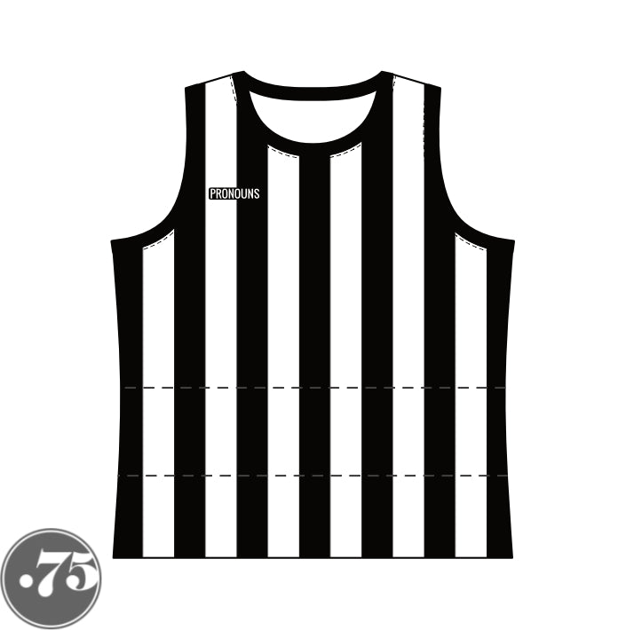 The front of a black and white striped high scoop neck tank jersey. There is a black rectangle crest on the right chest that says PRONOUNS in a white font.