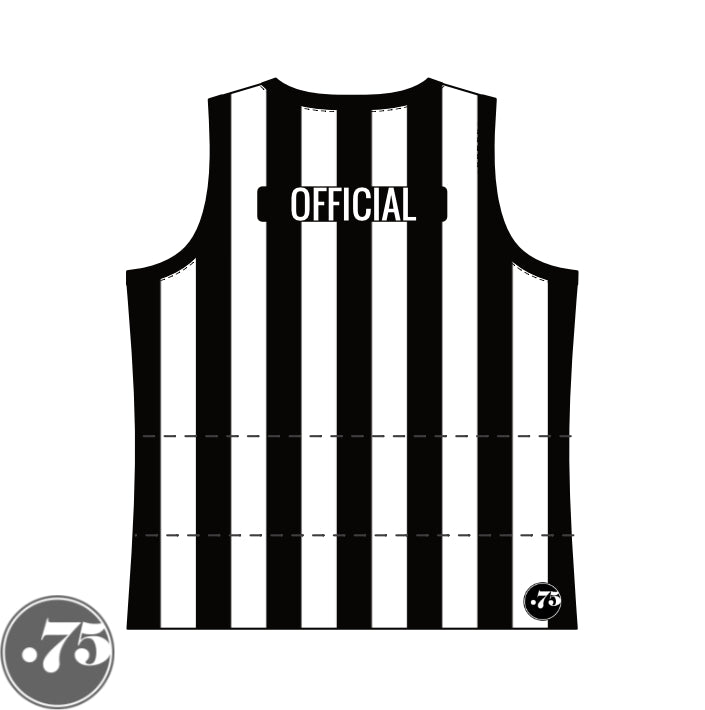 The back of a black and white striped fullback tank jersey. There is a black rectangle across the back that reads OFFICIAL in a white font.  