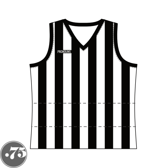 The front of a black and white striped V-Neck tank jersey. There is a black rectangle crest on the right chest that says PRONOUNS in a white font. 