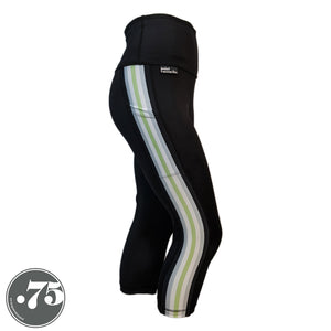 A pair of black spandex full length leggings on a mannequin, the leggings have a 3.5” wide stripe down the side that has a printed fabric with vertical stripes in the colours of the Agender Pride Flag Black, Grey, White, Light Green, White Grey & Black. 