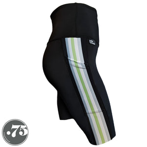 A pair of black spandex knee length shorts on a mannequin, the leggings have a 3.5” wide stripe down the side that has a printed fabric with vertical stripes in the colours of the Agender Pride Flag Black, Grey, White, Light Green, White Grey & Black. 
