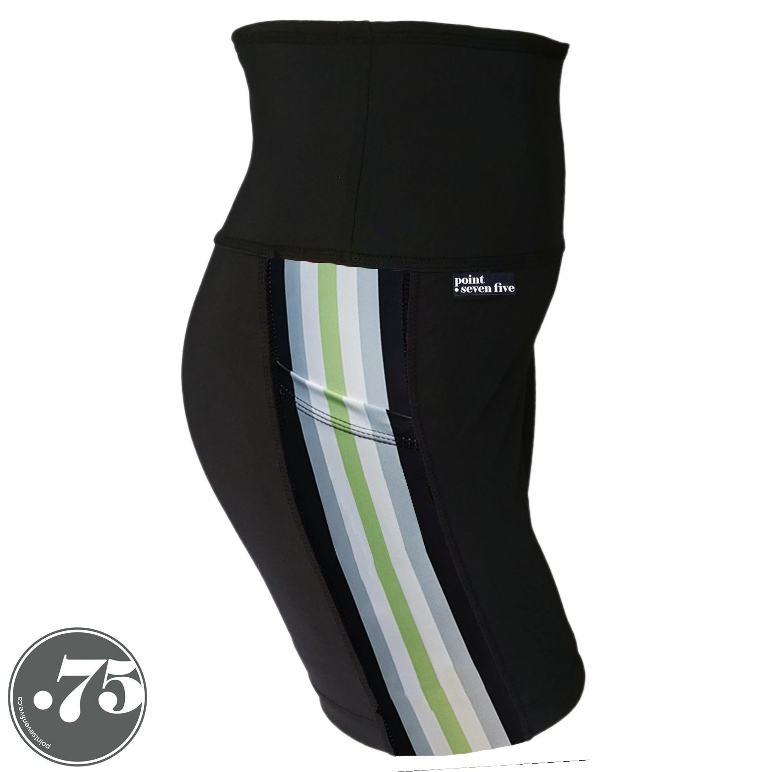 A pair of black spandex lift length shorts on a mannequin, the leggings have a 3.5” wide stripe down the side that has a printed fabric with vertical stripes in the colours of the Agender Pride Flag Black, Grey, White, Light Green, White Grey & Black. 