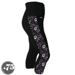 Load image into Gallery viewer, A pair of black spandex capri leggings on a mannequin, the leggings have a 3.5” wide stripe down the side that has a printed fabric with rollerskates, helmets, stars &amp; knee pads. The graphics are in the colours of the Ace Pride Flag, Black, Grey, White &amp; Purple.
