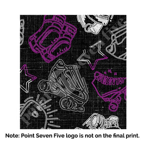 A closeup of the Pride Skate print, caption at the bottom reads "Note: Point Seven Five logo is not onthe final print." The print has rollerskates, helmets, stars & knee pads. The graphics are in the colours of the Ace Pride Flag, Black, Grey, White & Purple.