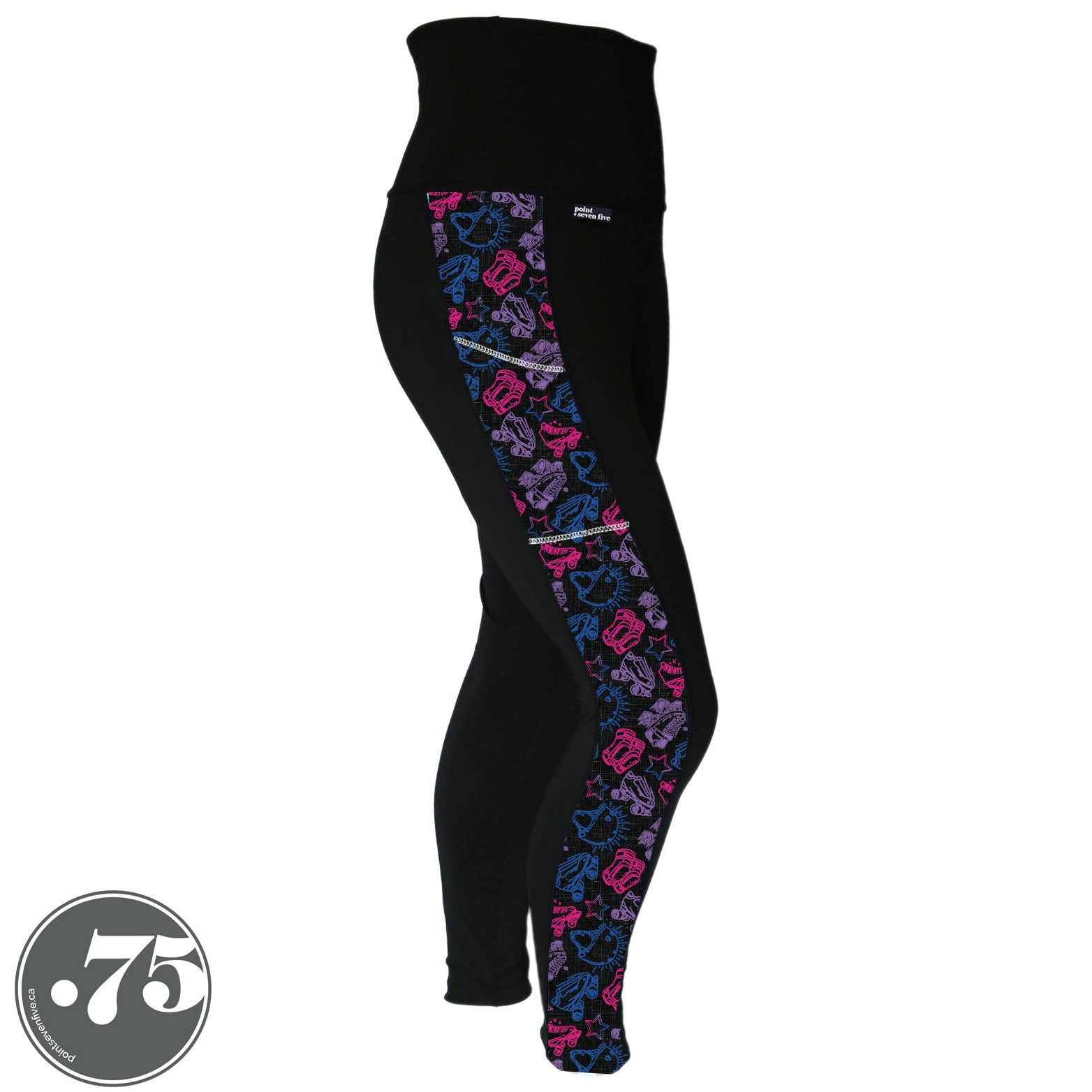 A pair of black spandex leggings on a mannequin, the leggings have a 3.5” wide stripe down the side that has a printed fabric with rollerskates, helmets, stars & knee pads. The graphics are in the colours of the Bi Pride Flag pink, purple and blue. 