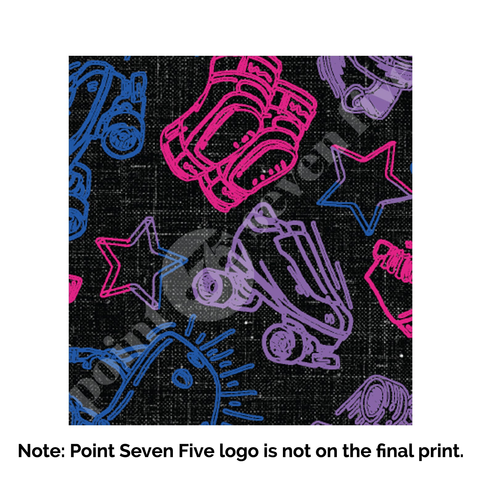 A closeup of the Pride Skate print, caption at the bottom reads "Note: Point Seven Five logo is not onthe final print." The print has rollerskates, helmets, stars & knee pads. The graphics are in the colours of the Bi Pride Flag pink, purple and blue. 