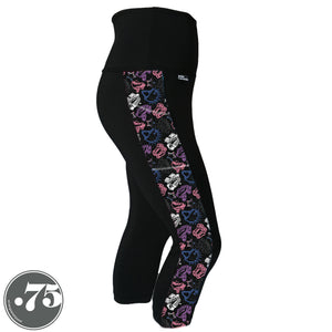 A pair of black spandex capri leggings on a mannequin, the leggings have a 3.5” wide stripe down the side that has a printed fabric with rollerskates, helmets, stars & knee pads. The graphics are in the colours of the Gender Fluid Pride Flag colours white, pink, blue and purple.