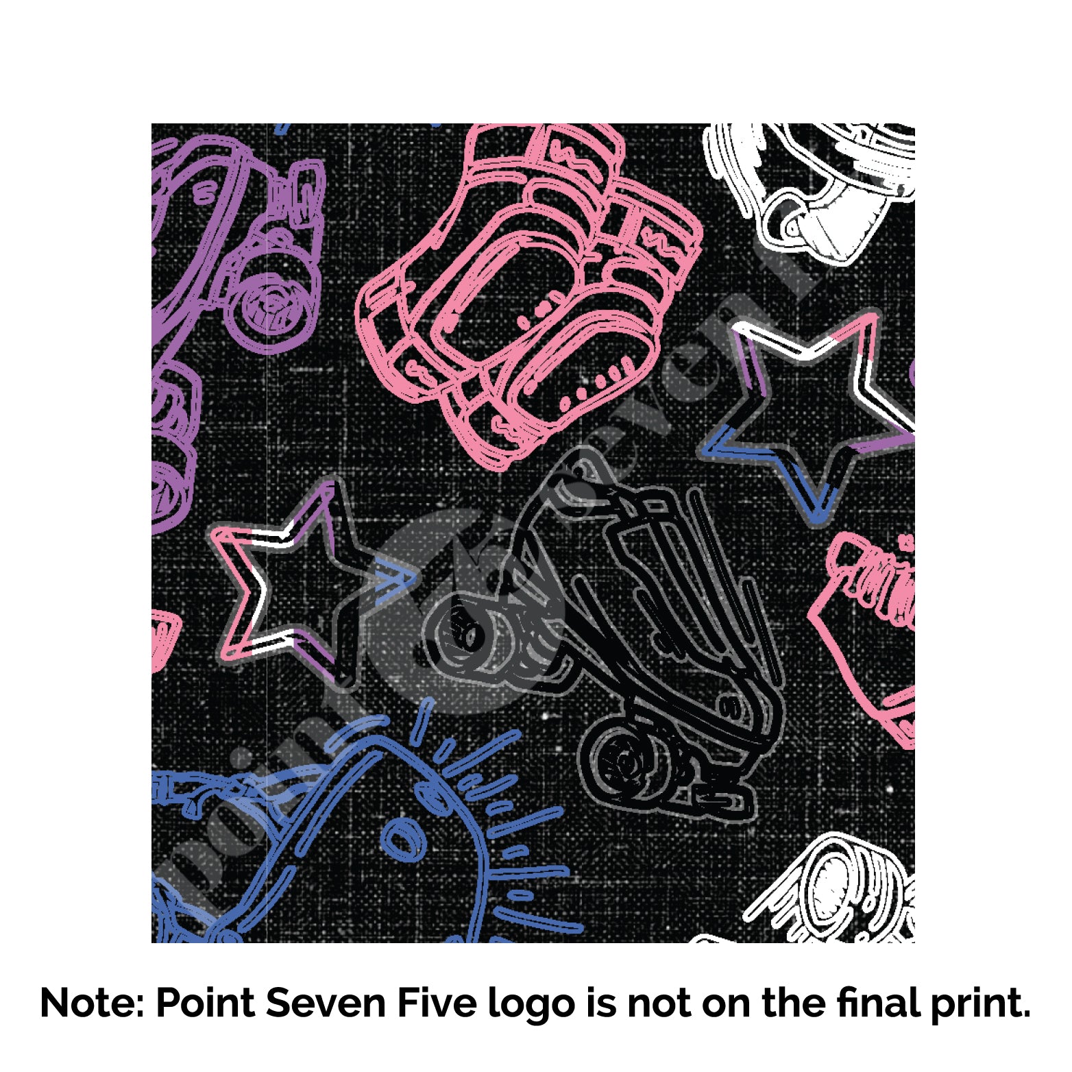 A closeup of the Pride Skate print, caption at the bottom reads "Note: Point Seven Five logo is not onthe final print." The print has rollerskates, helmets, stars & knee pads. The graphics are in the colours of the Gender Fluid Pride Flag colours white, pink, blue and purple.