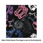 Load image into Gallery viewer, A closeup of the Pride Skate print, caption at the bottom reads &quot;Note: Point Seven Five logo is not onthe final print.&quot; The print has rollerskates, helmets, stars &amp; knee pads. The graphics are in the colours of the Gender Fluid Pride Flag colours white, pink, blue and purple.
