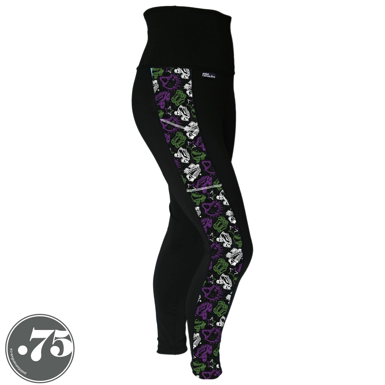 A pair of black spandex leggings on a mannequin, the leggings have a 3.5” wide stripe down the side that has a printed fabric with rollerskates, helmets, stars & knee pads. The graphics are in the colours of the Genderqueer Pride Flag green, purple and white. 