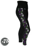 Load image into Gallery viewer, A pair of black spandex leggings on a mannequin, the leggings have a 3.5” wide stripe down the side that has a printed fabric with rollerskates, helmets, stars &amp; knee pads. The graphics are in the colours of the Genderqueer Pride Flag green, purple and white. 
