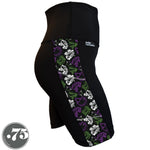 Load image into Gallery viewer, A pair of black spandex skate length shorts on a mannequin, the leggings have a 3.5” wide stripe down the side that has a printed fabric with rollerskates, helmets, stars &amp; knee pads. The graphics are in the colours of the Genderqueer Pride Flag green, purple and white. 
